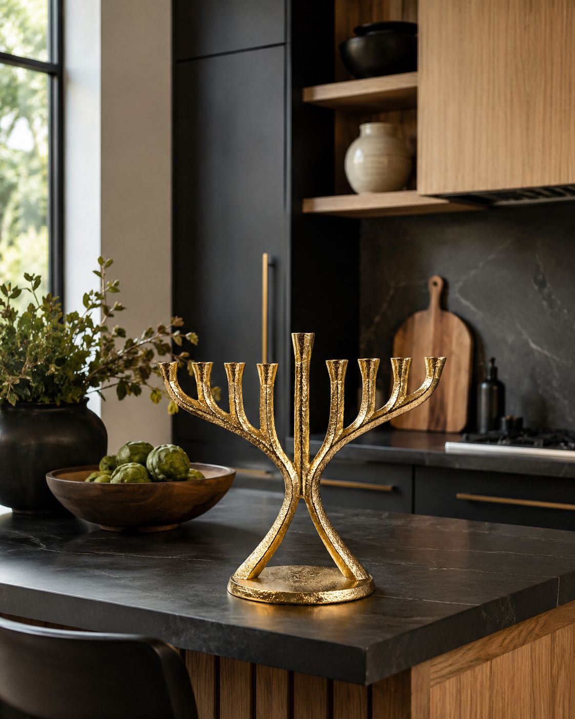חנוכיה מעוצבת זהב 22 ס"מ